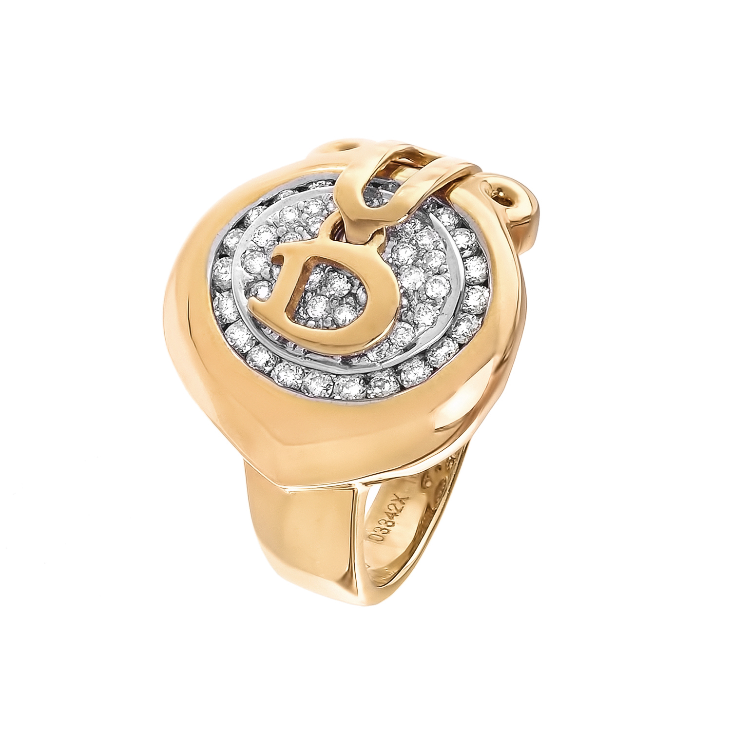 Кольцо из желтого золота с бриллиантами и буквой от магазина LunaLu