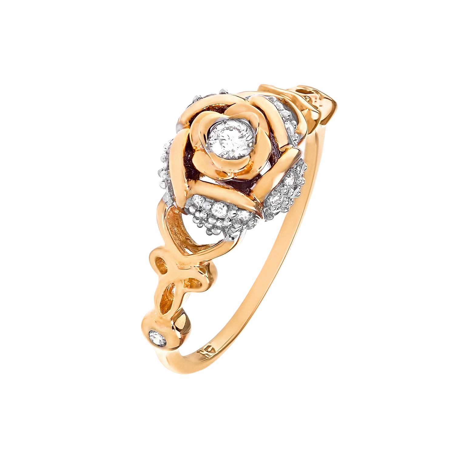 Кольцо "Роза" с бриллиантами в желтом золоте от магазина LunaLu