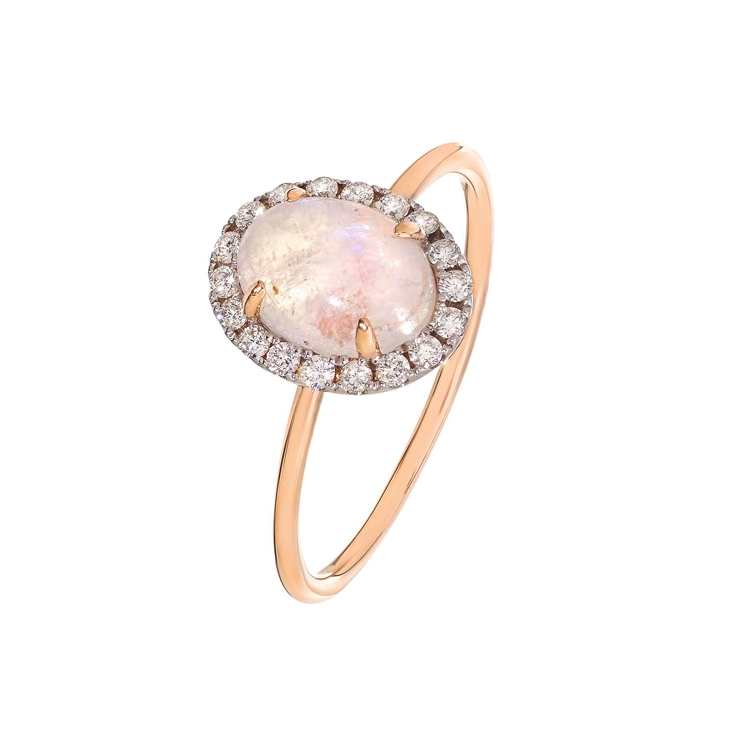 Кольцо с лунным камнем и бриллиантами в розовом золоте от магазина LunaLu