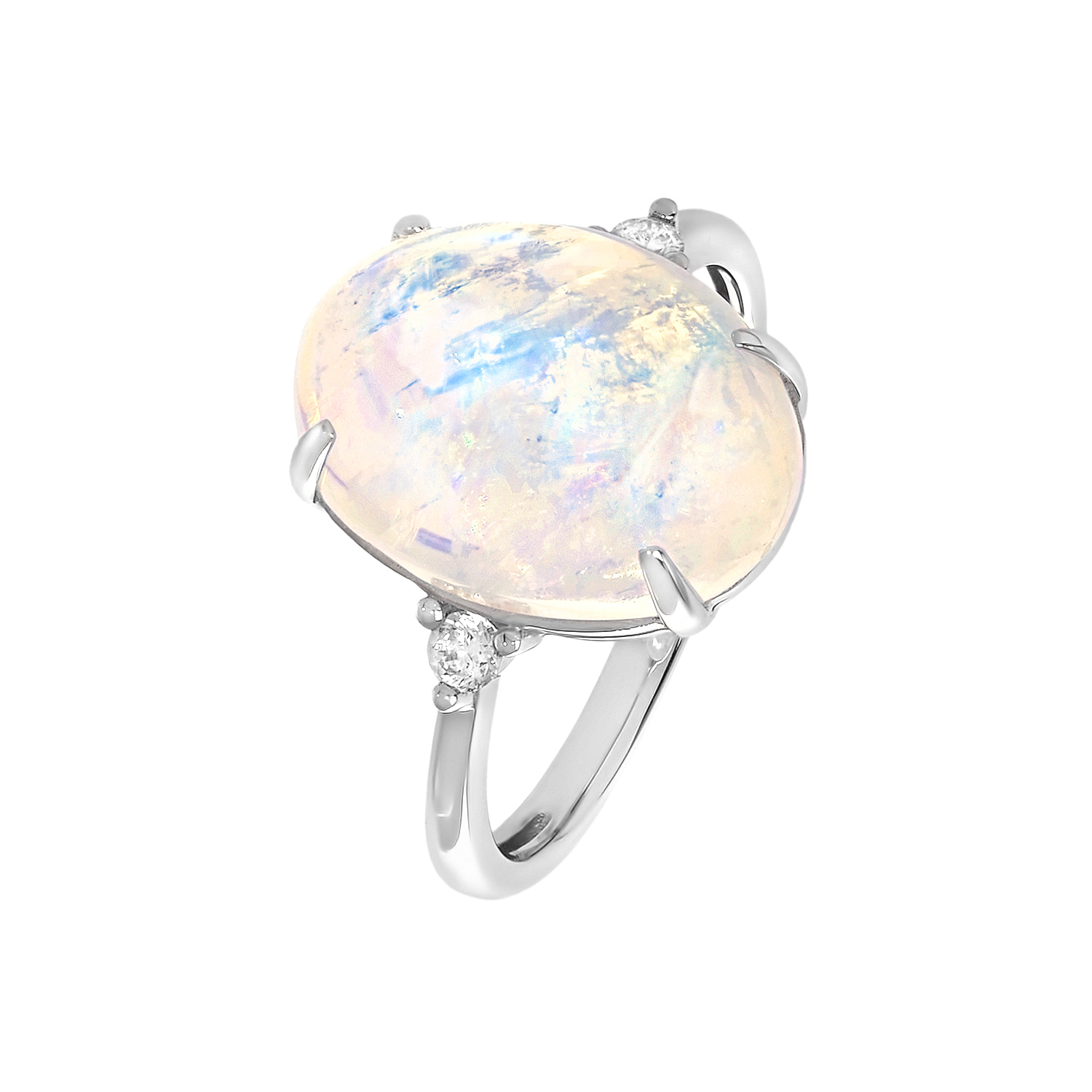 Кольцо с крупным лунным камнем и бриллиантами в белом золоте от магазина LunaLu